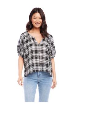 Karen Kane plaid Split Neck Women's Top - Black & White Size Large